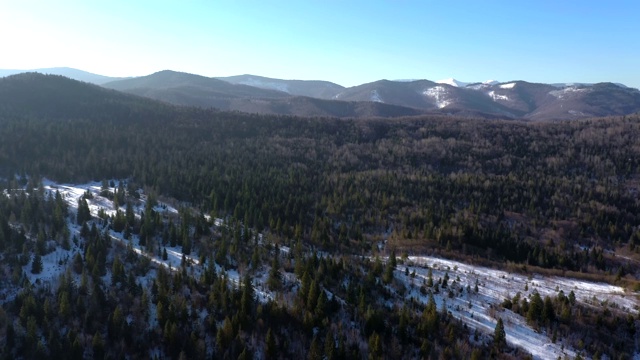 无人机在山区森林的视图。冬天的风景。飞过冰雪冷杉和松树视频素材