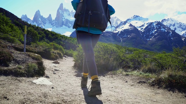 在巴塔哥尼亚菲茨罗伊山附近徒步旅行的妇女视频素材