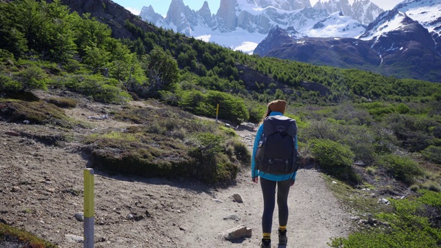 在巴塔哥尼亚菲茨罗伊山附近徒步旅行的妇女视频素材