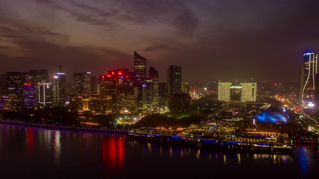 日落天空夜晚照明杭州市区滨江湾空中延时全景4k中国视频素材