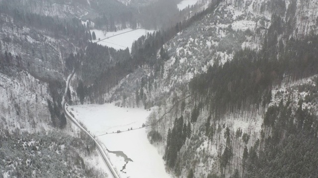 在恶劣的天气下，飞行在树木和积雪覆盖的高山山谷之上视频素材