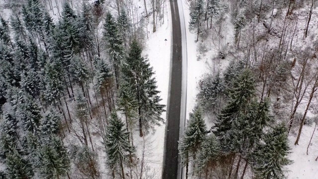 大雪中一条笔直的冬季道路的鸟瞰图。一辆汽车在镜头结束时进入画面。视频素材