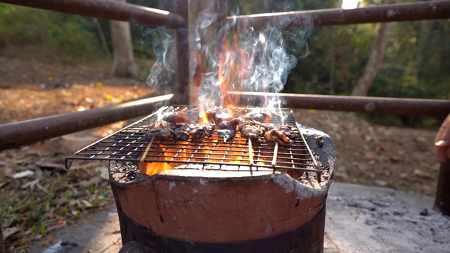 近手烤肉露营在山上视频素材