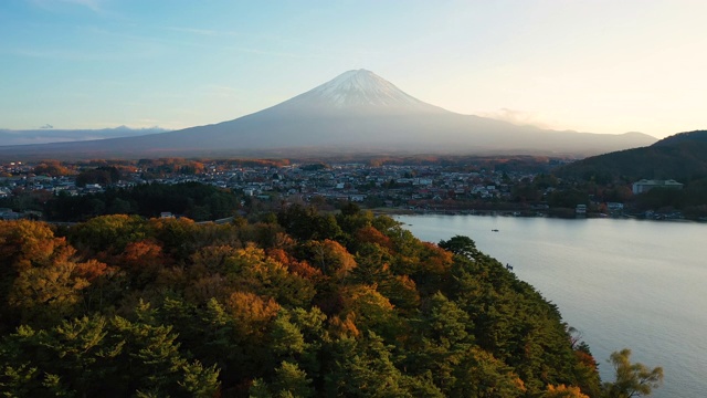 日本川口湖富士山的4k无人机鸟瞰图视频视频素材