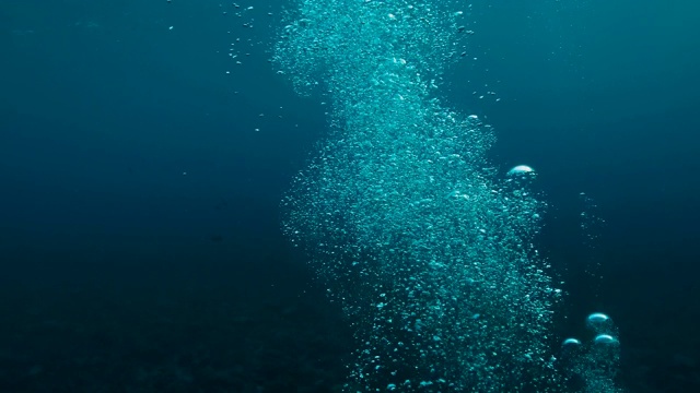 海洋中的水下气泡。泡泡浮在热带蓝色的海面上。视频素材