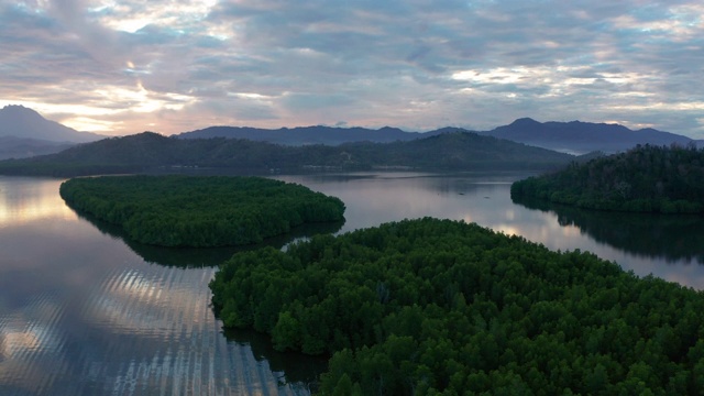 航拍美丽的乡村景观与绿色森林在孟卡邦河周围，图兰，沙巴州，婆罗洲视频素材