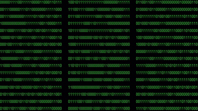 4K二进制代码背景数字在屏幕上移动。未来、计算机和抽象背景概念。数字0 1随机变化。视频素材