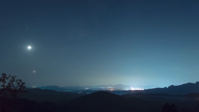 延时4k视频。泰国南邦梅莫，在迷雾笼罩的夜空中，长时间曝光的山上，星星排列(土星、月亮、金星、木星)的现象。视频素材