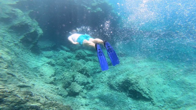 戴面罩的浮潜者在水下探索热带海洋视频素材