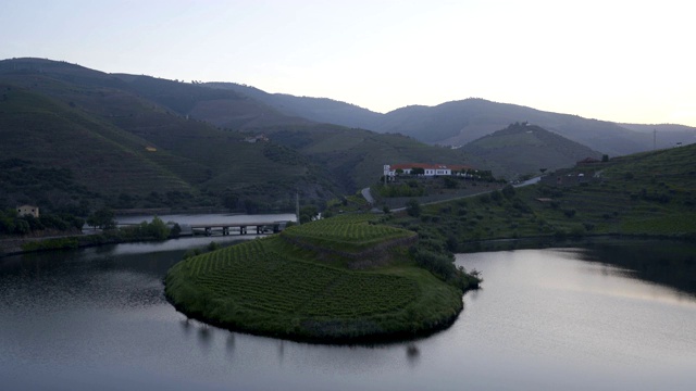 Quinta do Tedo的看法s形状弯曲河在杜罗葡萄酒地区日落，在葡萄牙视频素材