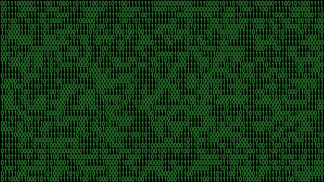 4K二进制代码背景数字在屏幕上移动。未来、计算机和抽象背景概念。数字0 1随机变化。视频素材