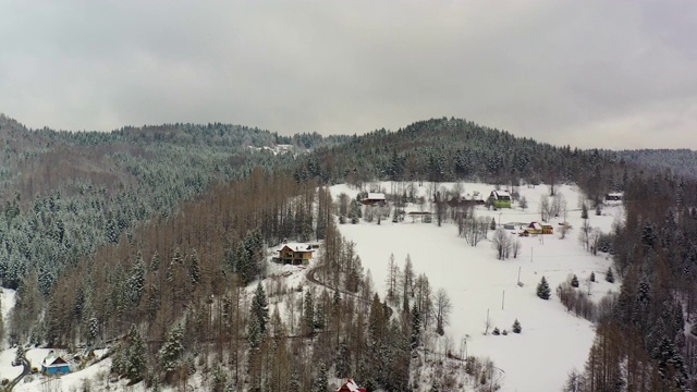 森林被雪覆盖的鸟瞰图。山村鸟瞰图视频素材