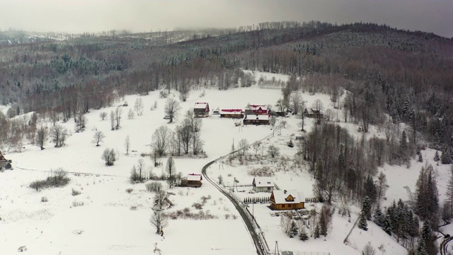 森林被雪覆盖的鸟瞰图。山村鸟瞰图视频素材