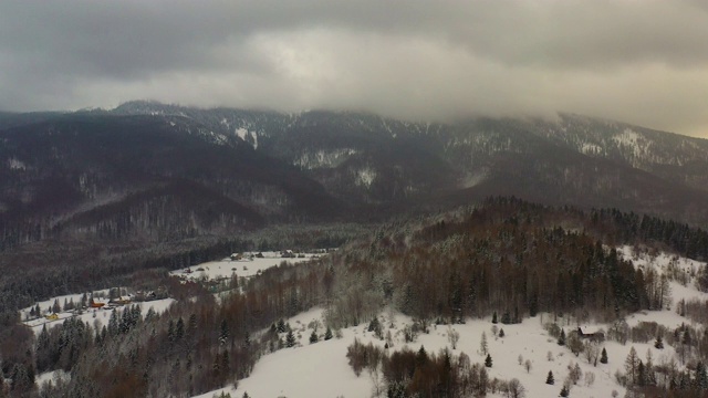 鸟瞰图的森林覆盖与雪山视频素材