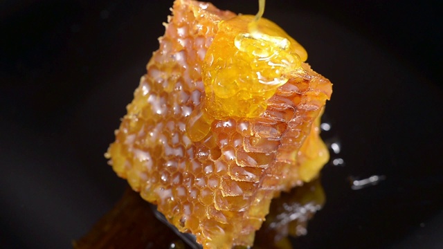 蜂蜜特写。琥珀色的蜂蜜在蜂巢2视频素材