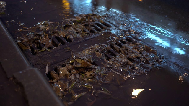 秋雨夜城街头，雨水顺着雨水沟流下视频素材