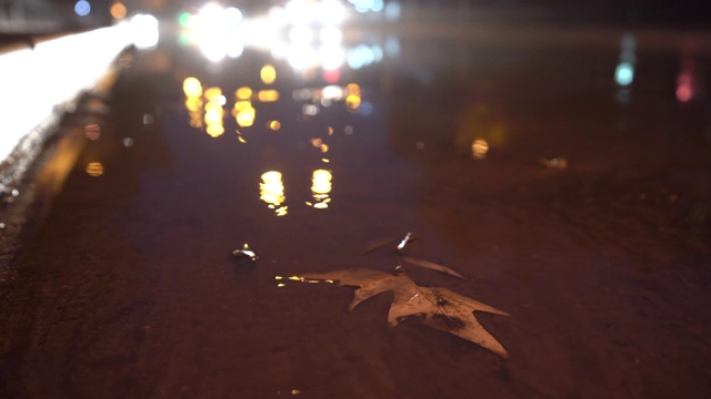 秋天多雨的夜晚城市街道上，交通灯映照在水坑里视频素材