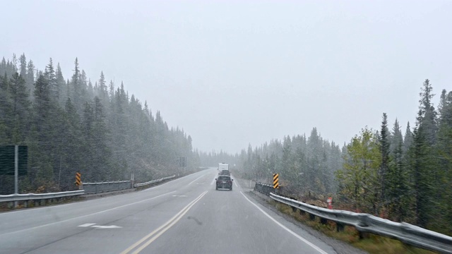 在班夫国家公园的松林里，一辆汽车在大雪中行驶在高速公路上视频素材