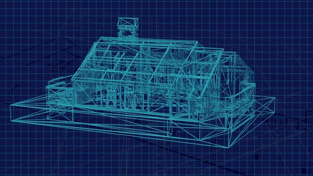 动画显示一个楼层设计的技术图纸正在绘制的非常详细和准备好的3d模型的房子视频素材