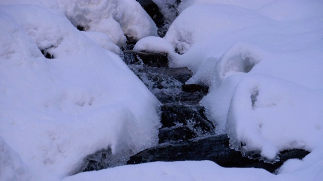 冬季森林中的山溪。冬季景观中冰雪下的山河流动视频素材