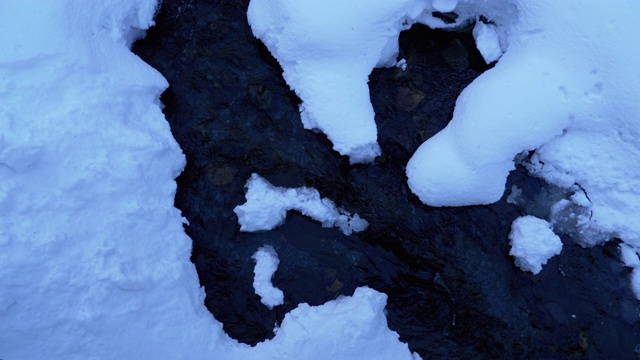 冬季森林中的山溪。冬季景观中冰雪下的山河流动视频素材