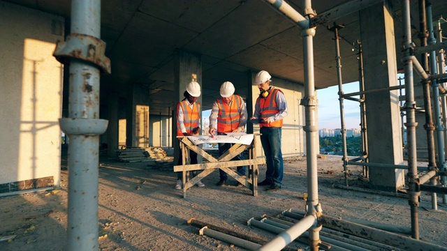 三个建筑工人在一个建筑工地上看设计图。多民族工程师、建筑师讨论建筑方案。视频素材