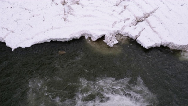 冬天的瀑布。湍急的水流从山溪和石滩与雪视频素材