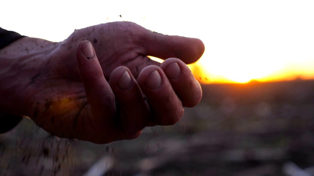 男人的手抓住倒土和筛选它通过手指在日落背景。男性农民在他的土地上检查土壤质量。模糊的背景与日落。慢动作特写视频素材