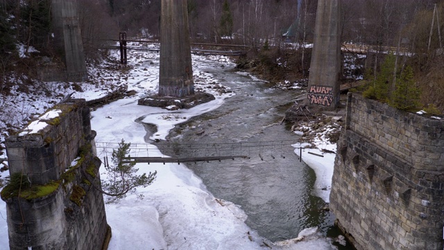 冬天的山溪。在冬季景观岩石附近的山河流过冰和雪视频素材