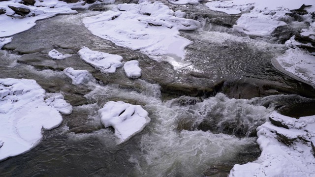 冬天的山溪。在冬季景观岩石附近的山河流过冰和雪视频素材