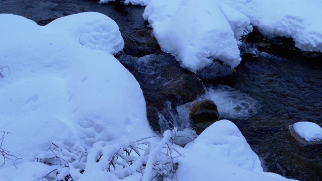 冬季森林中的山溪。冬季景观中冰雪下的山河流动视频素材