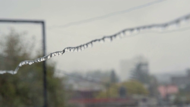 在雨天，充满小水滴的晾衣绳线，中心有选择性聚焦，景深很浅视频下载