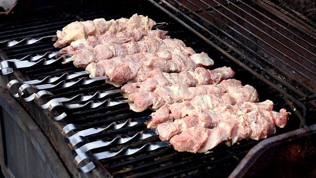 特写猪肉串烹饪在烧烤串上视频素材