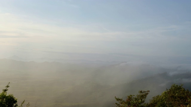 雾吹过森林和山脉背景视频下载