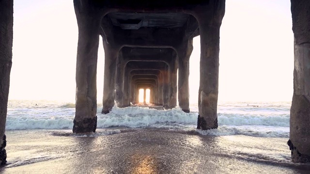 在日落时分的曼哈顿海滩梨下溅起的波浪视频素材