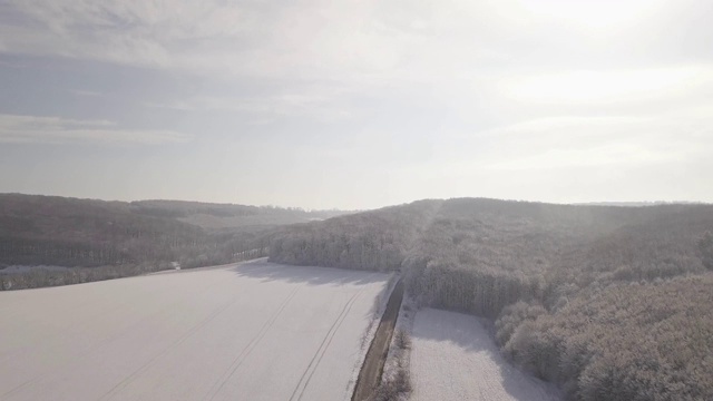 鸟瞰图的冬季森林和森林道路景观。无人机在冬季森林道路和田野上空飞行。视频素材