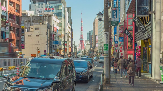 4K，时间流逝在东京城与东京塔在日本亚洲是一个著名的地方。城市的生活理念视频素材