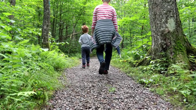 奶奶和孙子夏天在森林里徒步旅行视频素材