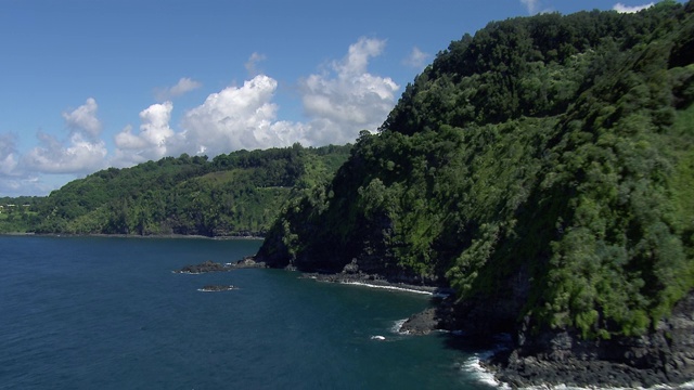 鸟瞰图岩石海岸线与郁郁葱葱的植被在毛伊岛在夏威夷群岛。视频素材