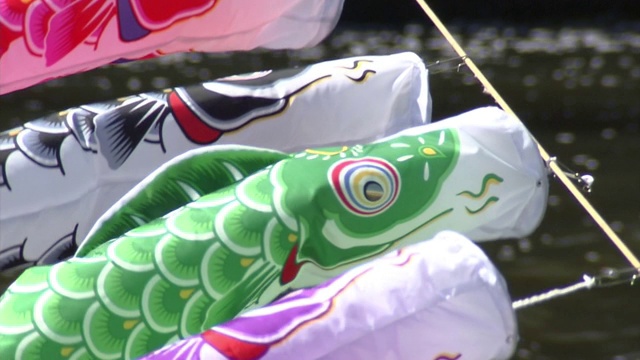 Koinobori' Over River，群马县，日本视频素材