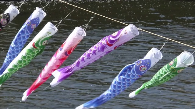 Koinobori' Over River，群马县，日本视频素材