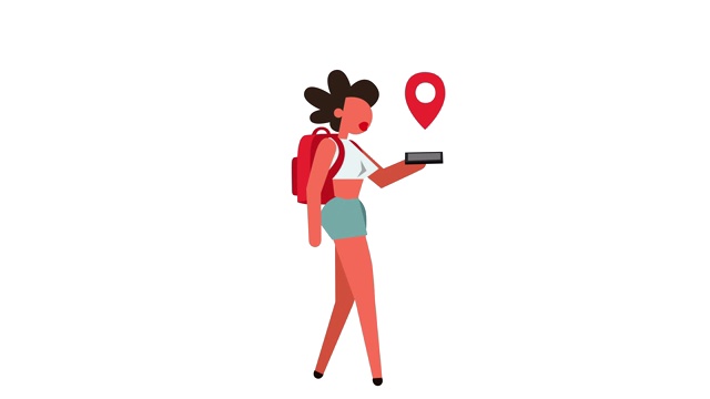 Stick Figure象形图Color Woman Girl Character with Backpack旅行GPS Navigator卡通动画视频素材