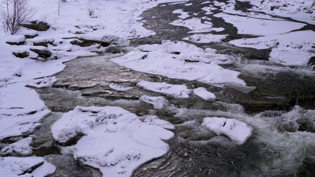 冬天的山溪。在冬季景观岩石附近的山河流过冰和雪视频素材