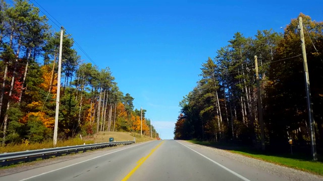 *倒车*驾驶农村乡村道路在秋天的季节在天。司机的观点POV沿着乡村街道在秋天与五颜六色的橙色和红色的叶子。视频素材