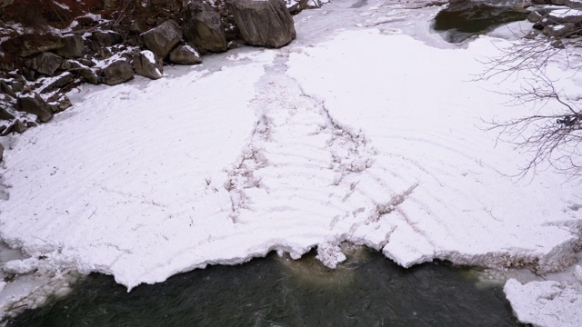 冬天的瀑布。湍急的水流从山溪和石滩与雪视频素材