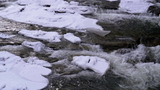 冬天的山溪。在冬季景观岩石附近的山河流过冰和雪视频素材