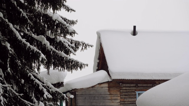 冬天的风景。位于西伯利亚的俄罗斯村庄，木屋被雪覆盖。俄罗斯4 k。视频素材