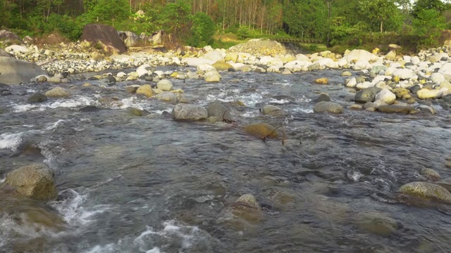 4K镜头的早晨风景河流过河流的自然农村村庄。视频素材