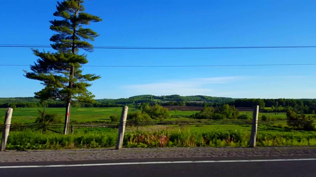 右侧视图驾驶在农村农田在白天。司机视角POV开车经过乡村农场景观视频素材