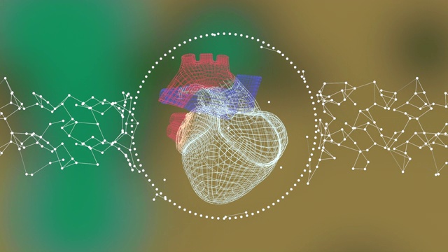 多边形三维心脏旋转在环丛连接上彩色散焦背景。视频素材